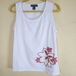 Kaktus White Tank Top Embroidered‎ Floral Rhinestones Women's Size L